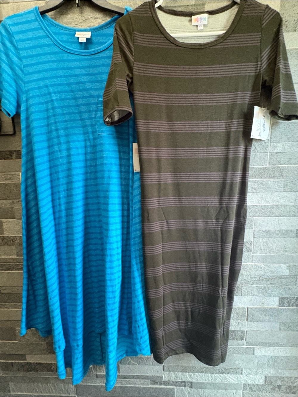 LuLaRoe Striped Scoop Neck Dress es- Bright Turquoise & Olive bundle